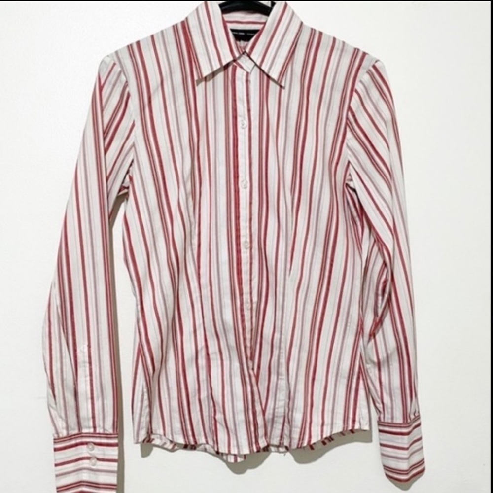 New York & Company red/white/silver button down long sleeve dress shirt